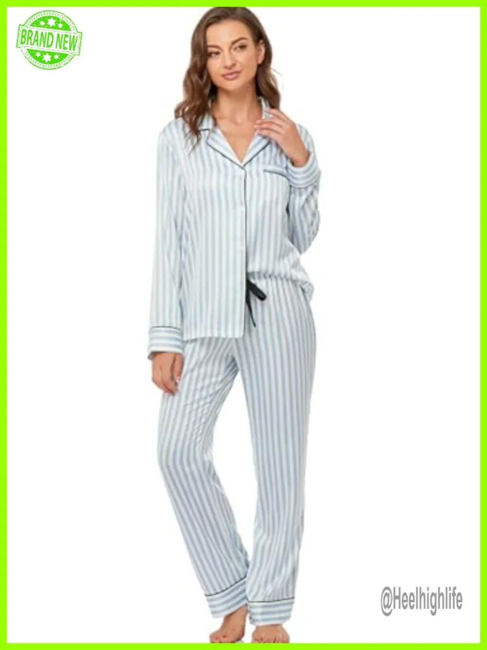 Satin Pajama Set Long Sleeve Button Down Sleepwear 2-Piece Silky Pj Set